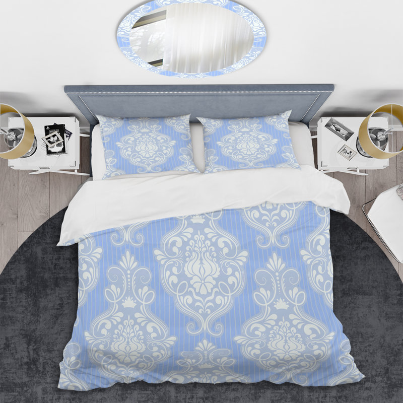Damas bleu et blanc - ensemble de housse de couette abstrait - microfibre de polyester