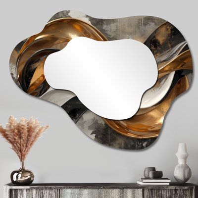 Golden Fractal Temporal Flux I - miroir mural asymétrique abstrait, miroir de coiffeuse moderne, imprimé sur métal