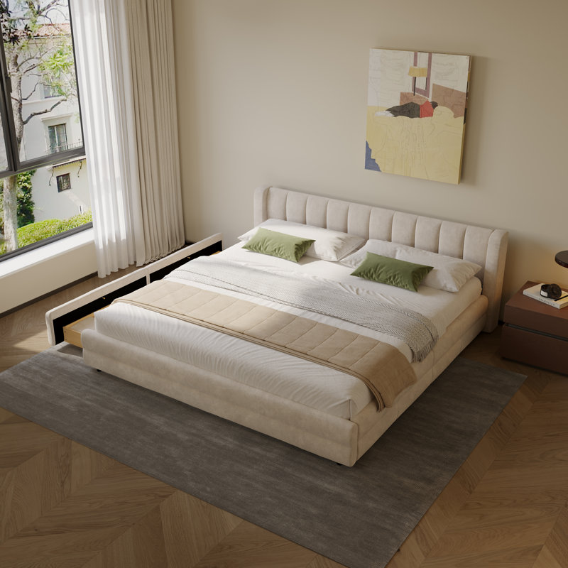Structure de lit plateforme en chenille avec tête de lit et tiroir de rangement rembourrés, Beige, Très grand