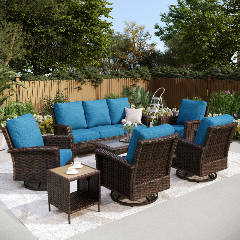 Outdoor Wicker Patio Conversation Furniture Set, Peacock Blue