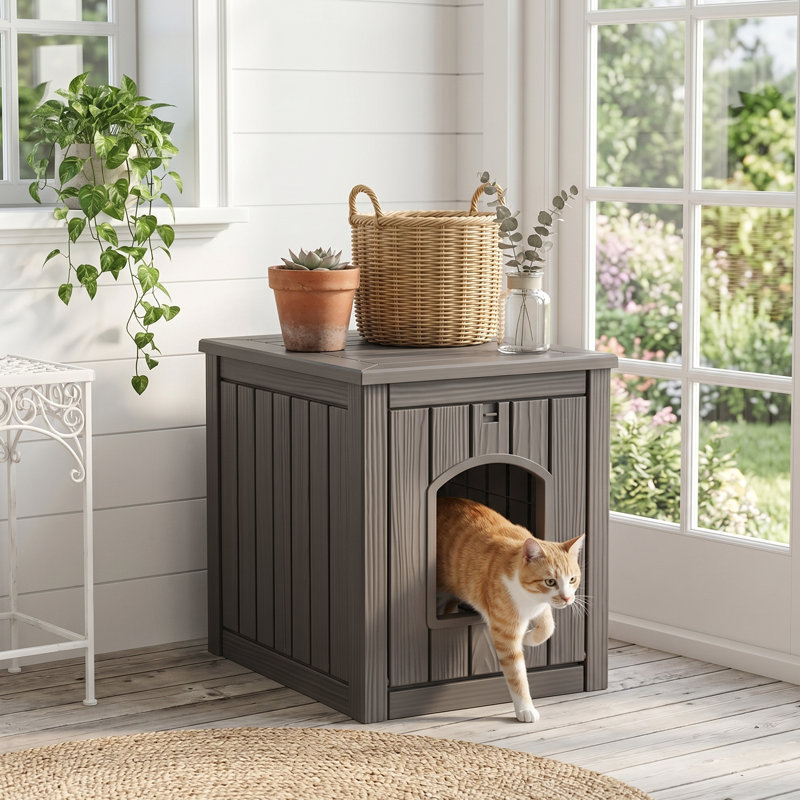 Maison pour animaux en résine, bac à litière avec table d'appoint (brun clair / gris), Brun clair (gris)
