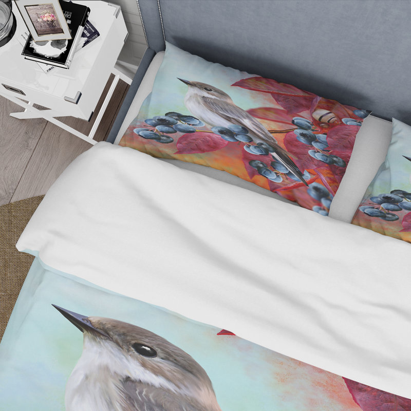Little Gray Bird On Red Autumn On Blueberry Twig - Traditional Polyester Duvet Cover Set, Twin Duvet Cover + 1 Standard Sham