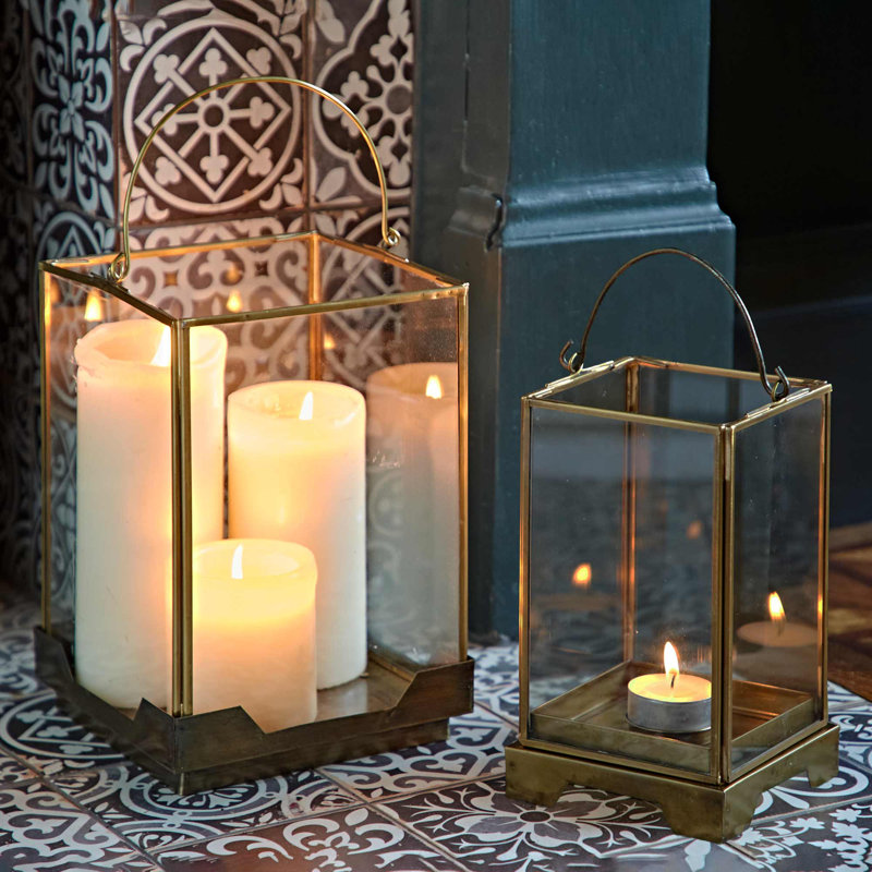 Antique Brass Candle Lantern, 18cm H x 10cm W x 10cm D
