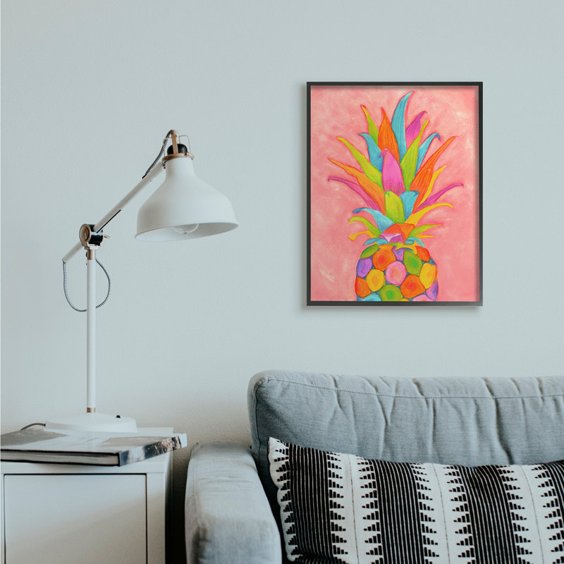 Vibrant ananas fruit amusant rose bleu jaune, H 30 po x l 24 po, Cadre noir