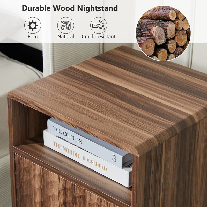 Modern Wood Nightstand with cupboard and open shelves(set of 2), Brown
