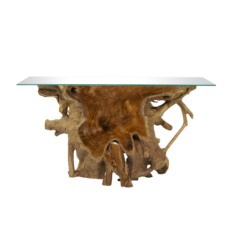Teak Wood Handmade Live Edge Tree Stump Console Table with Clear Glass Top