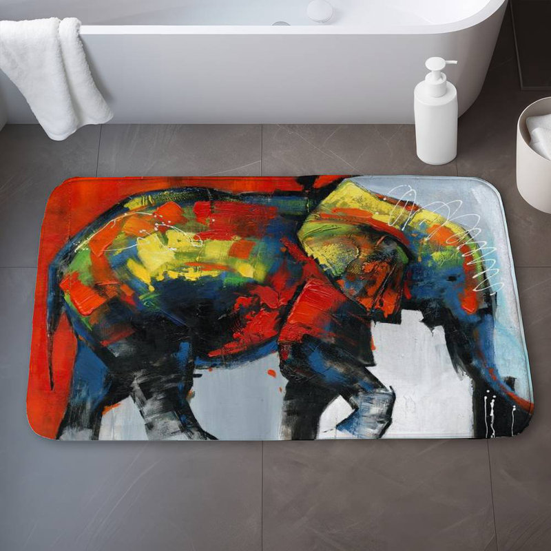 Abstract and colorful elephant in motion Bath Mat with Non-Slip Backing - Quick Dry Memory Foam Bathroom Rug - Absorbent - Modern Plush Spa-Style - Machine Washable