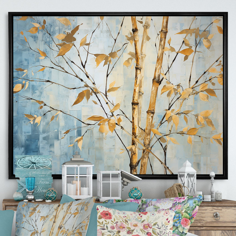 Or et bambou bleu sur toile, H 30 po x l 40 po x P 1,5 po, Cadre flottant noir