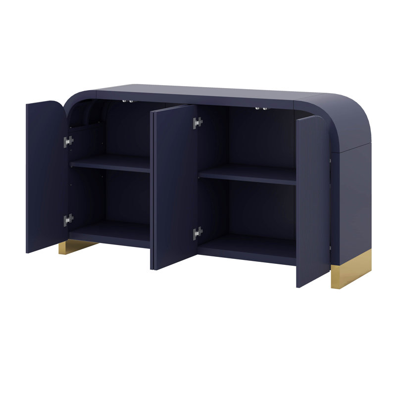 4-Door Curved Corner Design Wavy Door Panel Cabinet With Adjustable Shelves, Navy Blue