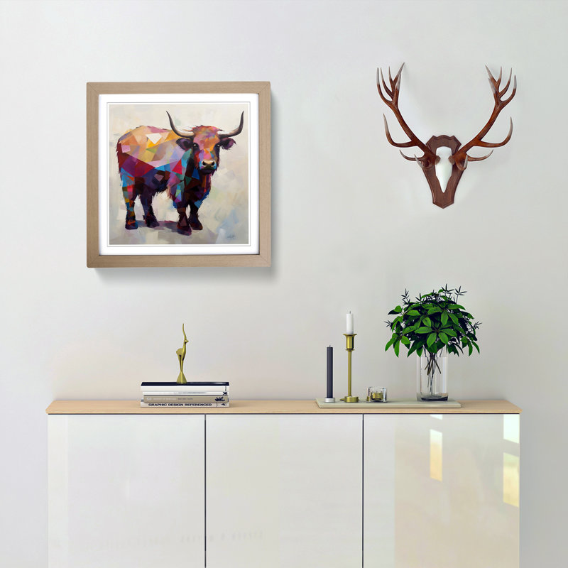 Highland Cow Suprematism - Single Picture Frame Print on Wood, Oak