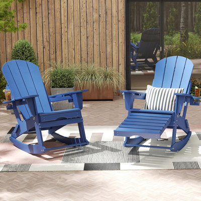 Hdpe Adirondack Folding Rocking Chair With Retractable Ottoman And Cup Holders