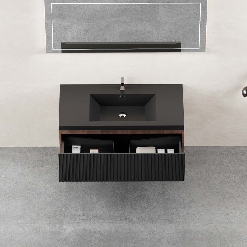 Ensemble de meuble-lavabo mural 42 po avec lavabo flottant 42 po, Noir/noyer, Noir