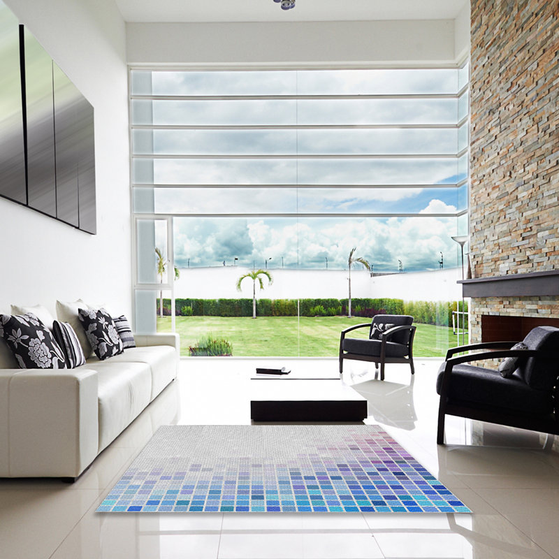 Tapis bleu/gris à motifs, Carré 3 pi