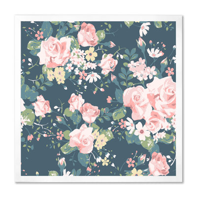 Roses rétro sur fond bleu marine - Impression sur toile