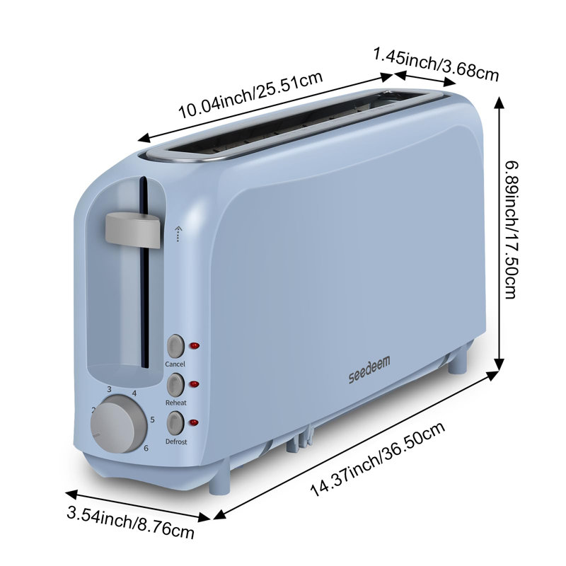 Grille-pain à 2 tranches de pain mince avec fente de 10 pouces de long, 6 réglages d'ombrage, ramasse-miettes amovible, fonctions de dégivrage / réchauffage / annulation et arrêt automatique sécuritaire, bleu