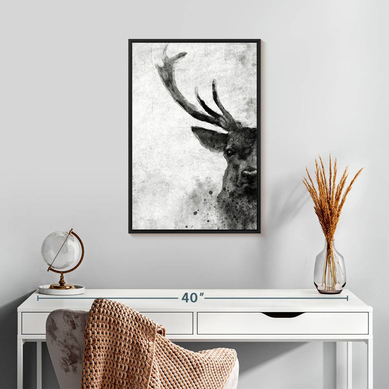 Visage de cerf noir et blanc, Cadre flottant noir, 17 po x 25 po
