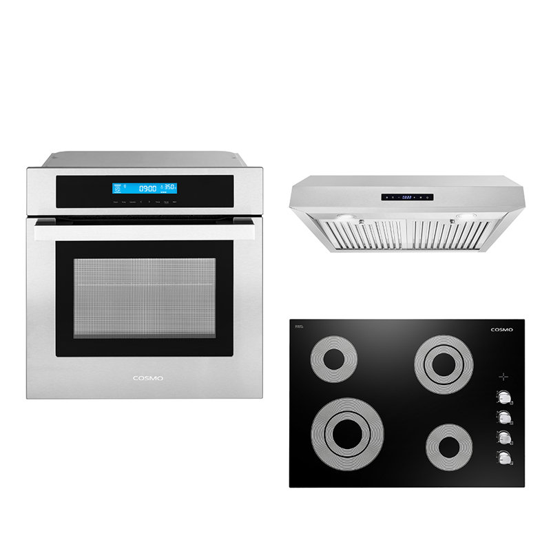 Cosmo 3 Piece Kitchen Appliance Package with , Range 30 in. Electric Cooktop , Wall Oven , Dishwasher , and Microwave , and Under Cabinet Range Hood , and Wine Refrigerator , and Air Fryer