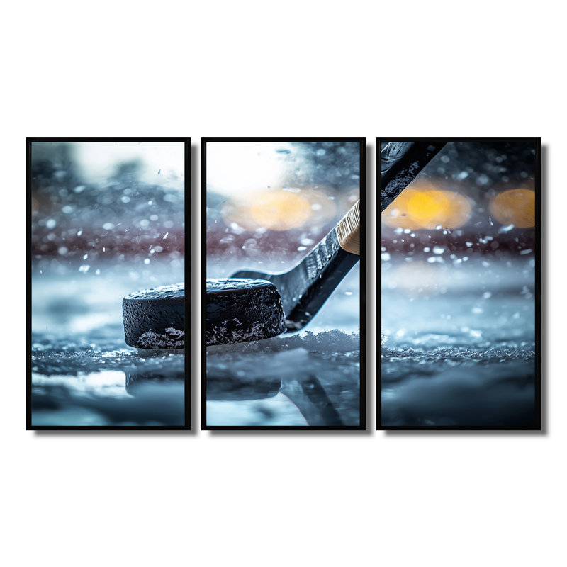 Bâton de hockey noir et rondelle en caoutchouc II - ensemble d'art mural de hockey sportif, H 40 po x l 60 po x P 1 po