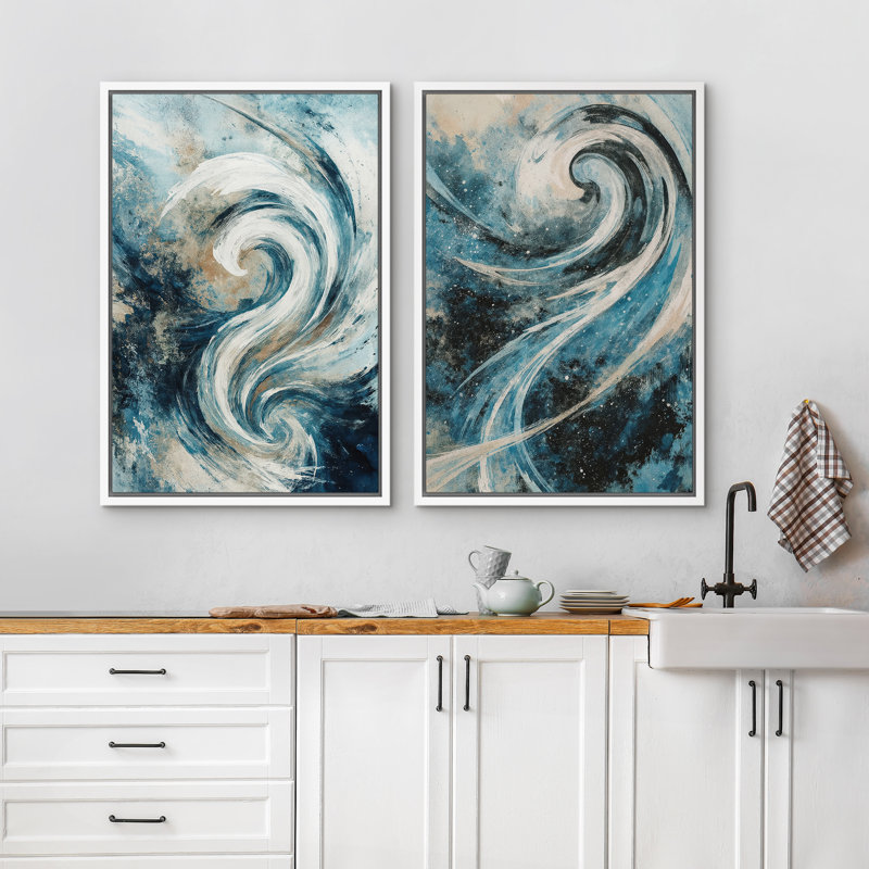 Art mural abstrait, ensemble de 2 reproductions d'art encadrées sur toile, H 24 po x l 32 po, Blanc