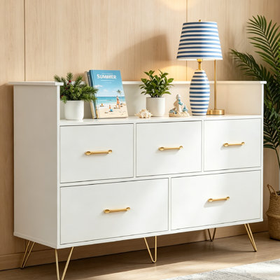 Commode à 5 tiroirs avec lumières à DEL RVB et station de charge, commode en bois moderne avec pieds en métal robustes, organisateur de rangement avec 3 prises CA et 2 ports USB pour la chambre à coucher, le salon et l’appartement.
