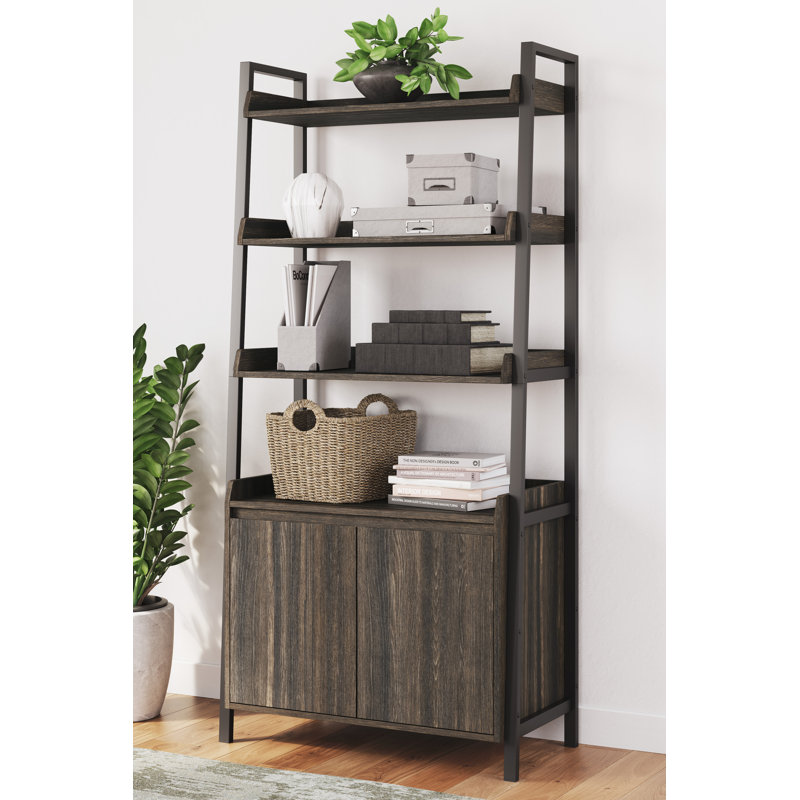 Zendex 72" Dark Brown Wood and Metal Bookcase with Cabinet