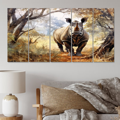 Wild Rhinoceros II - animaux, reproduction sur toile - 5 panneaux égaux