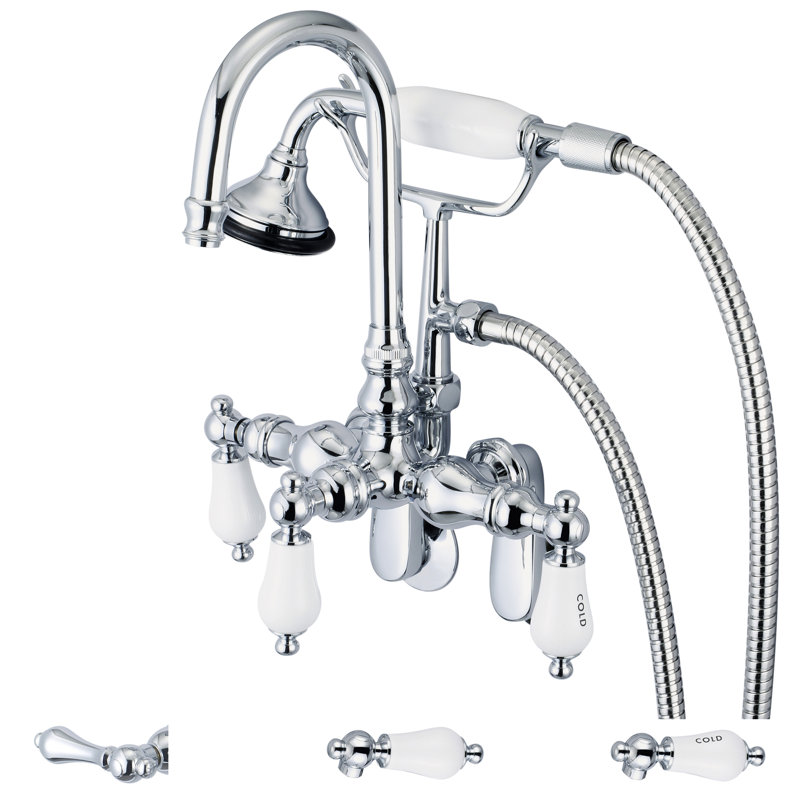 Stonington 3 Handle Wall Clawfoot Tub Faucet, Hand Polished, Richly Triple Plated Chrome Finish, Porcelain Lever Handles