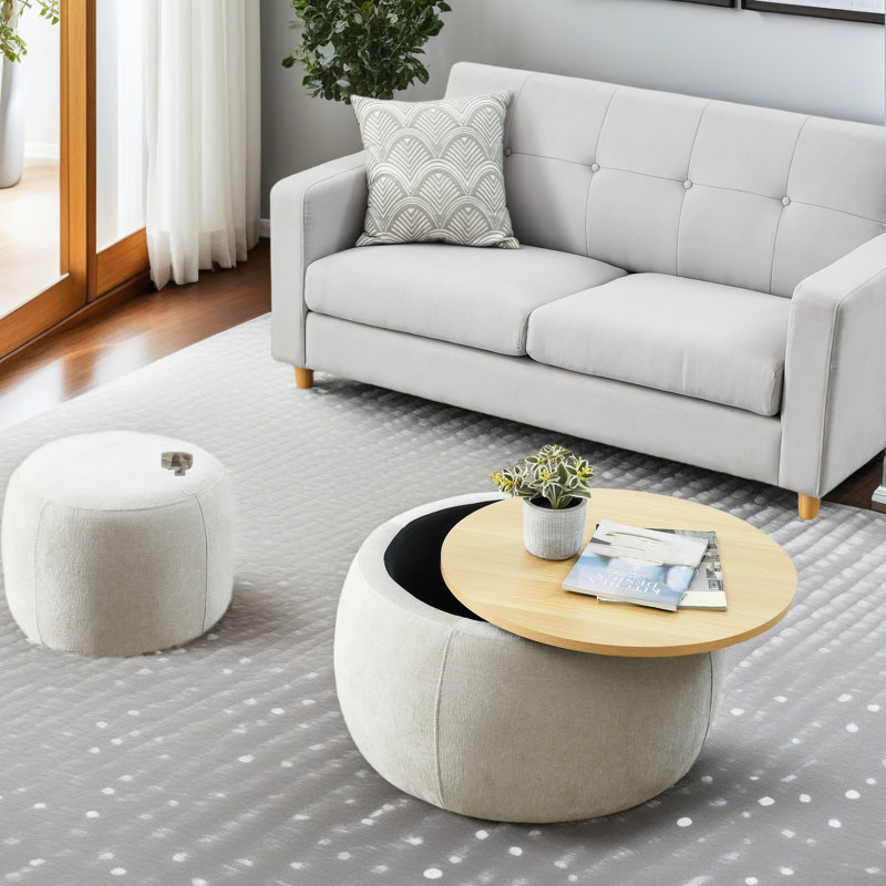 Round Storage Ottoman, 2 In 1 Function, Work As End Table And Ottoman,With Small Seat, Light Gray