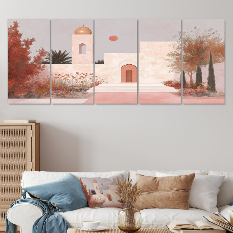 Minimalisme blanc rose, paysage marocain, ensemble d'art sur toile, H 28 po x l 60 po