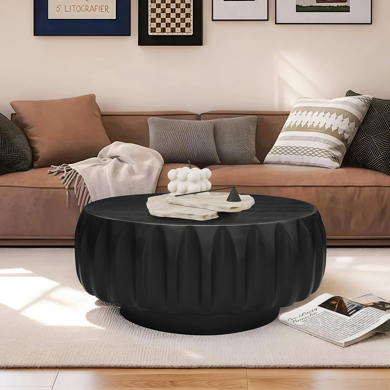 Round Solid Wood Carved Coffee Table, Black