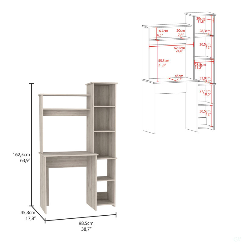 Bureau d'écriture Versalles, deux tablettes supérieures, cinq casiers - gris clair, Gris clair