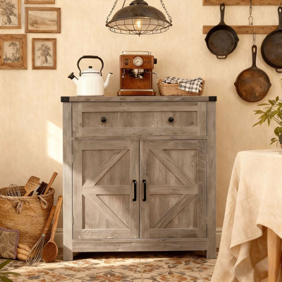 Farmhouse Barn-Door Storage Cabinet, Coffee Bar Buffet Sideboard With Drawer For Kitchen & Living Room