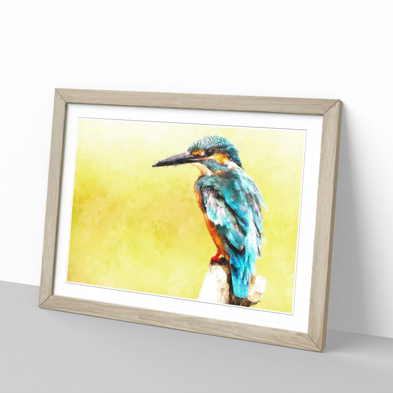Blue Kingfisher Painting 1 Piece Single Picture Frame Wall Art on MDF, 45cm H x 33cm W x 2cm D, Oak