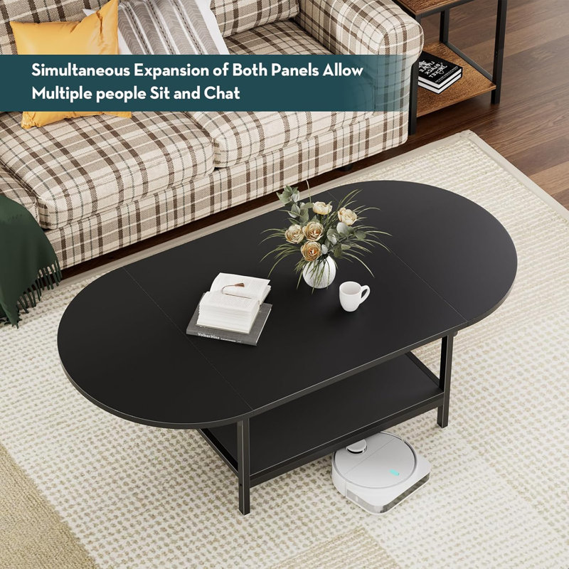 Black Extendable Coffee Table with Storage and Metal Legs