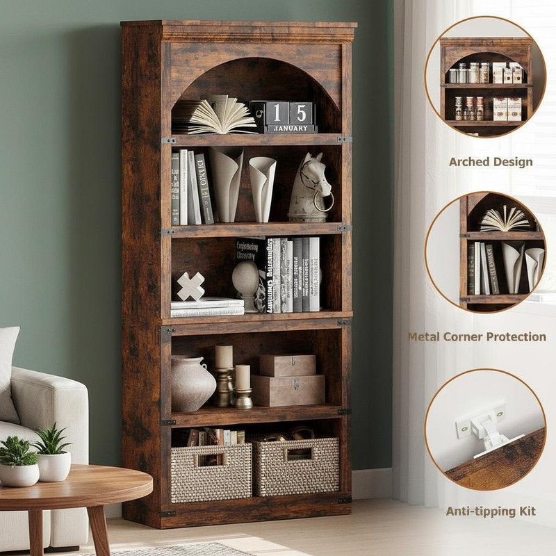 5 Tier Bookcase Arched Bookshelf, Rustic Wood Look Storage Shelf for Home Office Living Room, Easy Assembly, Farmhouse Style Bookcase with Metal Corner Guards