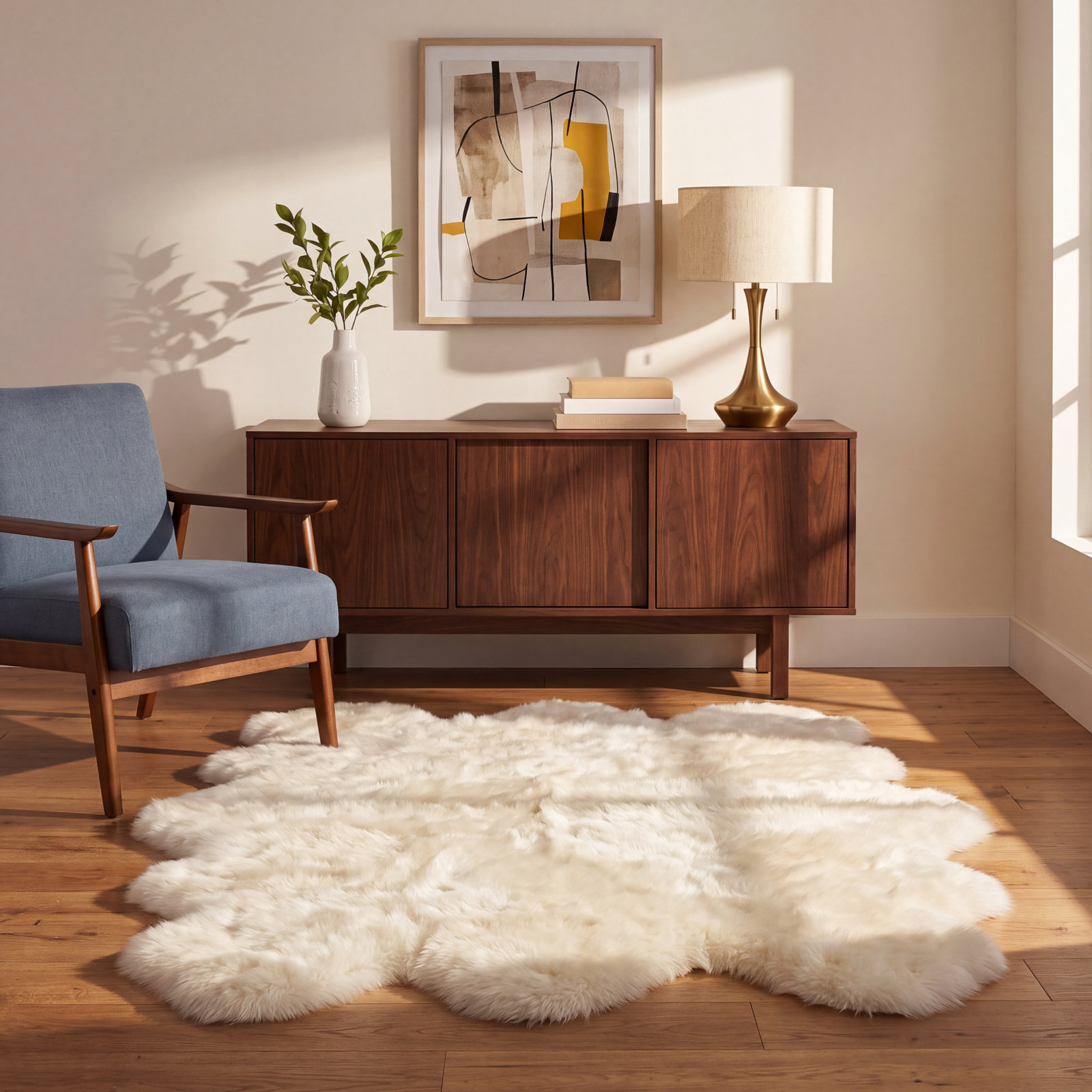 Mera White Handmade Sheepskin Rug, Rectangle 5'5" x 7'7"