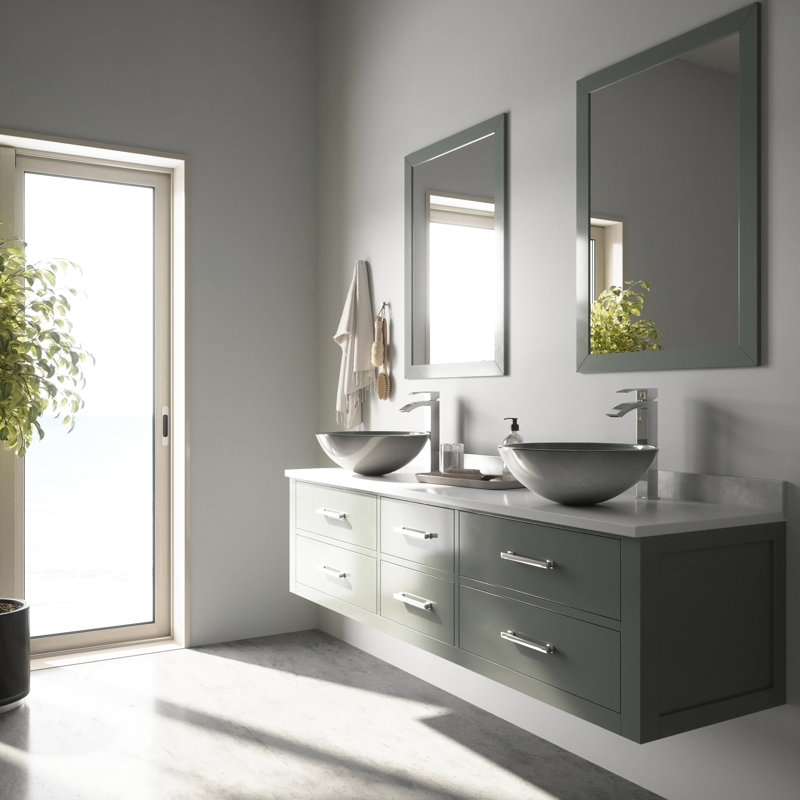 Giovanni Giovanni Round Glass Vessel Bathroom Sink with Faucet, Chrome, Simply Silver