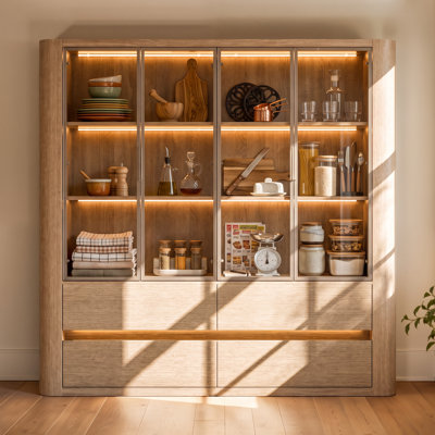 77.9'' W Lighted Pantry Cabinet with Glass Doors and 4 Drawers, Natural Wood