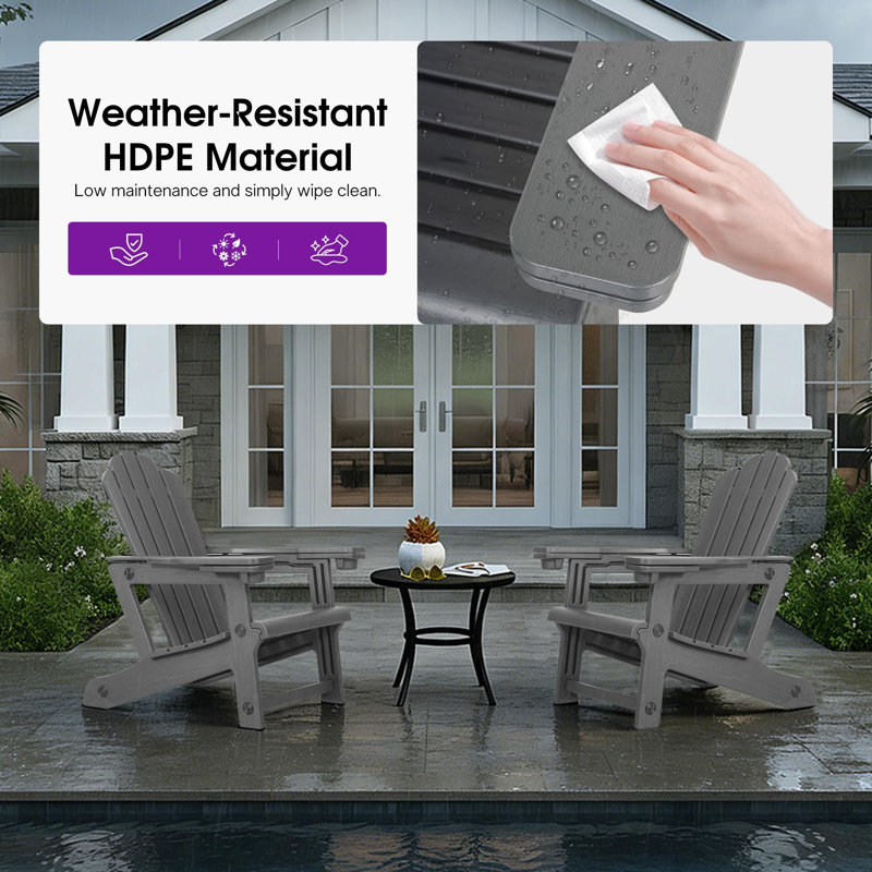 Purple Leaf Adirondack Chair Hdpe All-Weather Outdoor Fire Pit Chair With 24.6" Oversized Seat Wood-Textured Patio Adirondack Chair With Dual Cup Holders