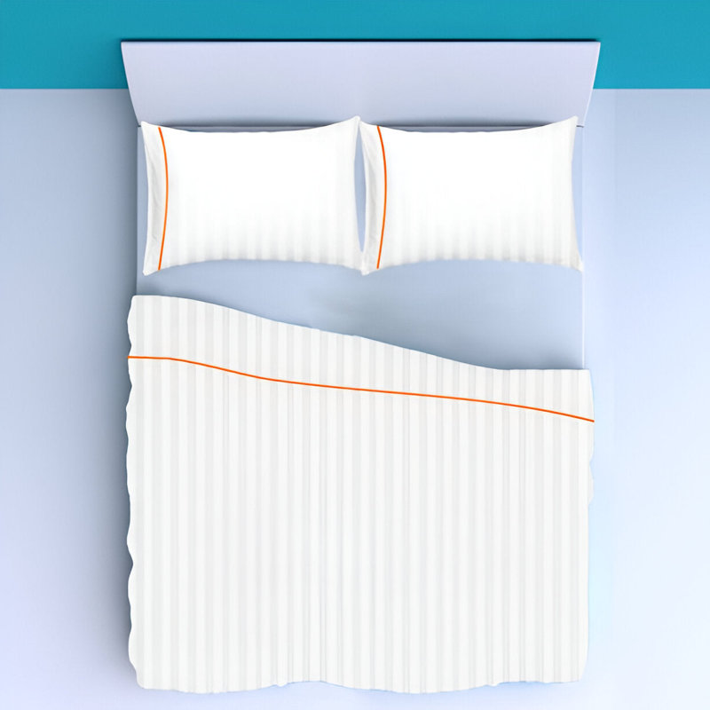 400TC Single Embroidery Sateen Stripe Cotton 4 Piece Sheet Set Fitted Sheet Fits Upto 16" Deep Pocket, Orange Border