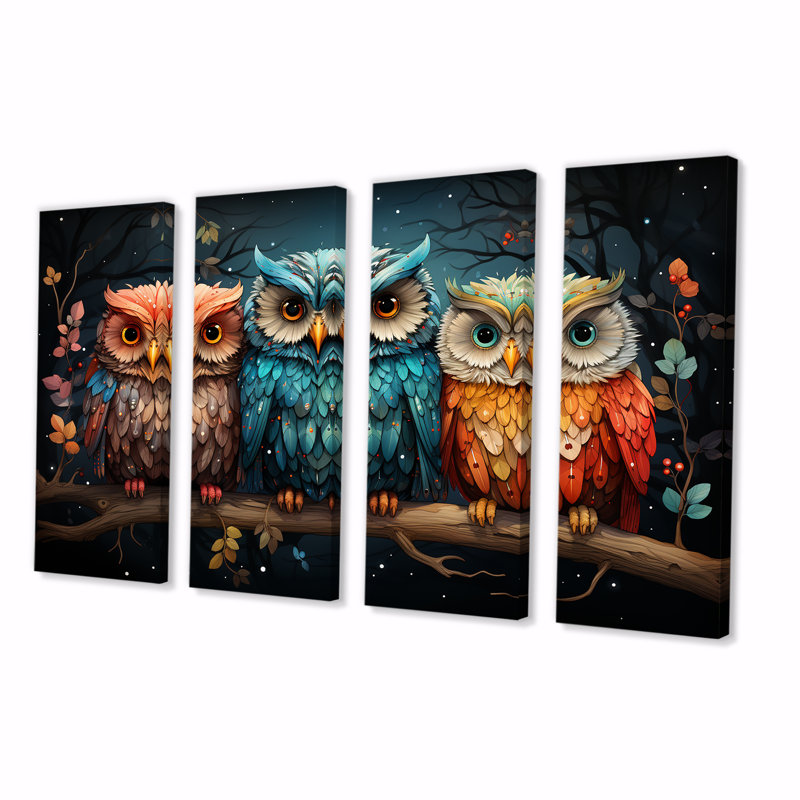 «Stalking Forest Owls - Owl», art mural 4 pièces, H 28 po x l 48 po