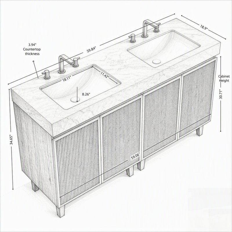 Meuble-lavabo avec lavabo en céramique et comptoir en pierre frittée veinée, sur pied, 1, 36", Beige et or