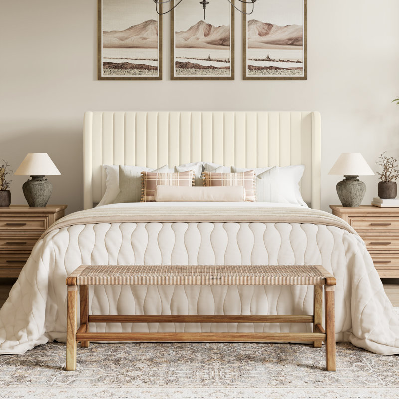 Candler Velvet Upholstered Platform Bed with Wingback Headboard and Wooden Slats, Queen, Cream