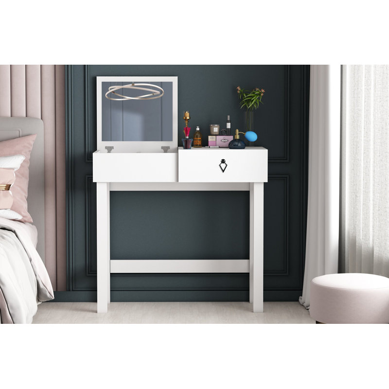 Table de maquillage moderne avec miroir, finition blanche, 35,4 x 33,3 x 16,5 pouces | 100% panneau de particules enduit de mélamine, épaisseur: 0,7 pouce | Conception élégante et fonctionnelle pour une routine de beauté, idéale pour tout espace