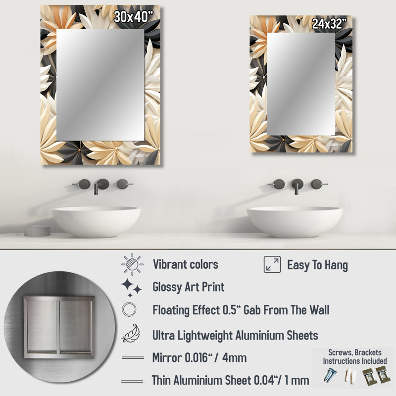 «Giovanny» blanc et noir minimaliste fleurs sérénité - miroir mural de chalet, 32 po x 24 po
