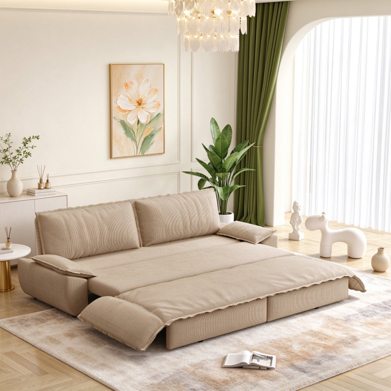 Canapé-lit escamotable 73,2 po en velours côtelé grand lit 3 en 1, Beige, Beige