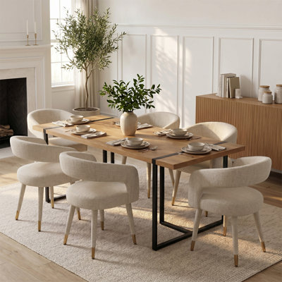 Modern 79" Rectangular Dining Table Set With 6 Upholstered Arm Dining Chairs