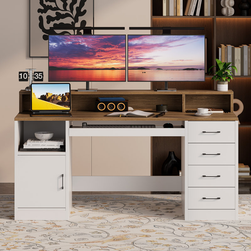 Bureau d'ordinateur 55,1 po avec prise de courant et plateau pour clavier, bureau de direction avec tiroirs et support pour écran