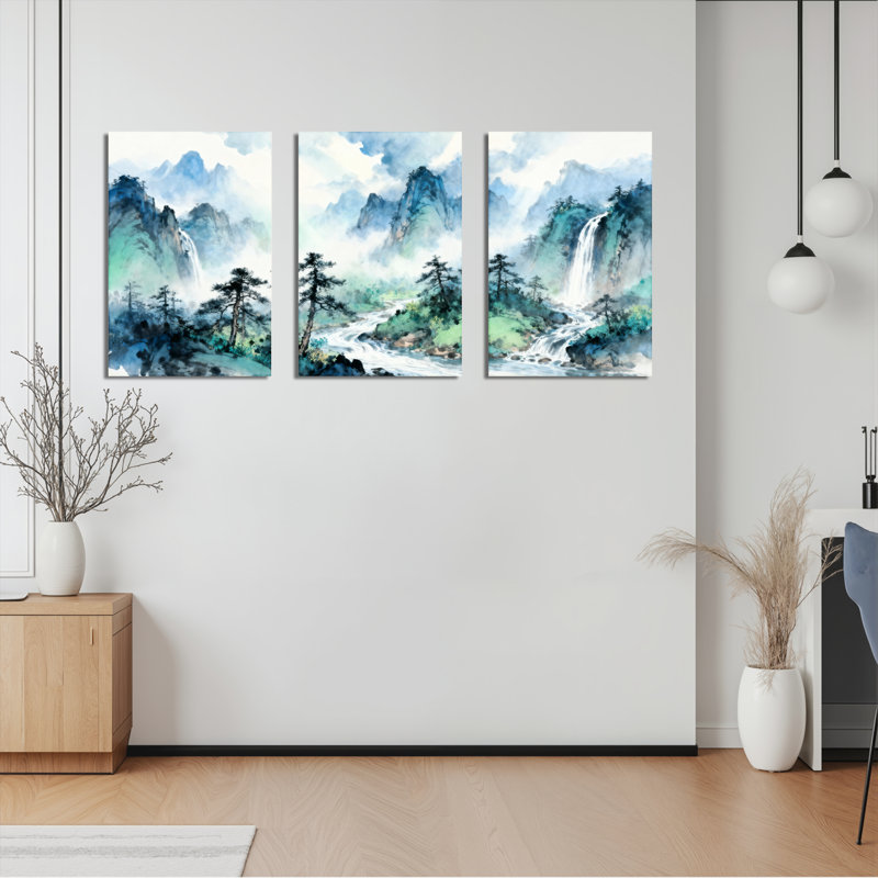 Encre de Chine, art mural sur toile, impression de montagne et rivière (ensemble de 3), H 18 po x l 36 po