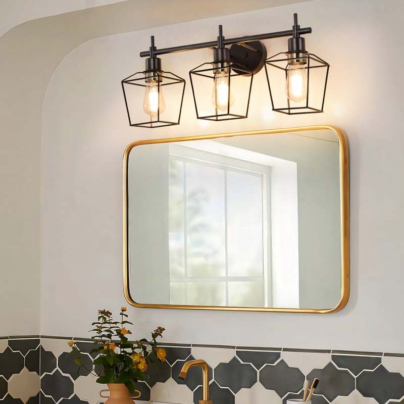 3-Light Black Bathroom Vanity Light With Wire Cage